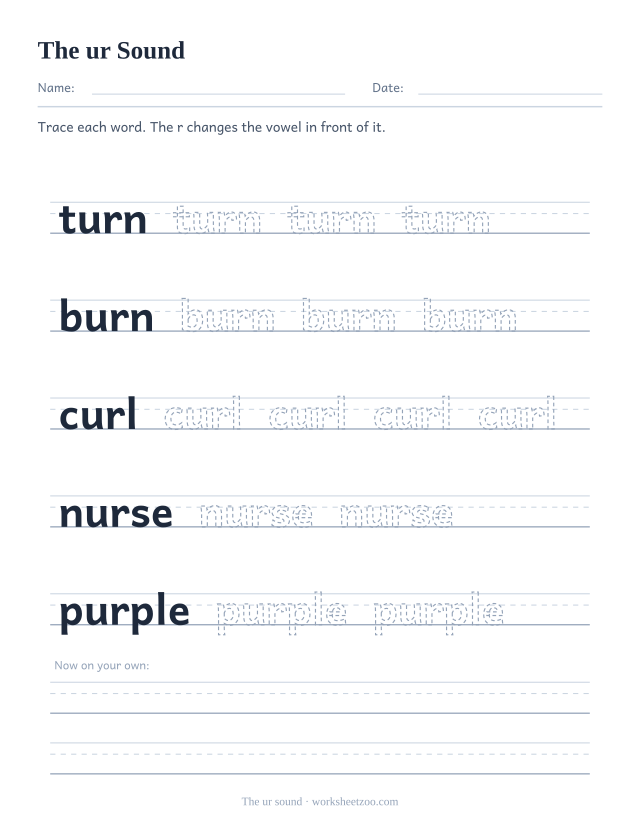 ur r-controlled vowel worksheet, tracing turn, burn, curl, nurse, purple on guide lines
