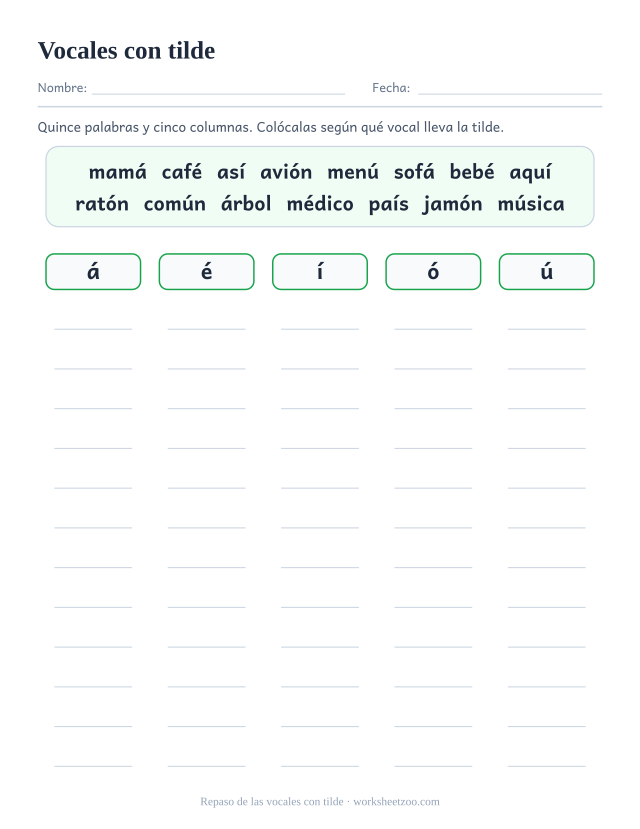 Ficha de repaso para clasificar quince palabras según lleven tilde en la a, la e, la i, la o o la u