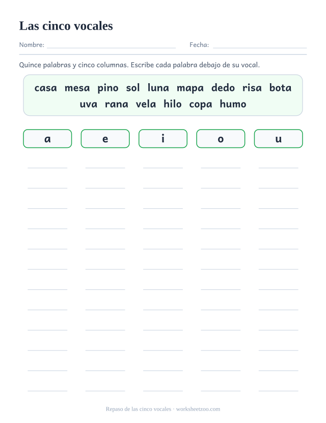 Ficha de repaso para clasificar quince palabras en cinco columnas, una por cada vocal