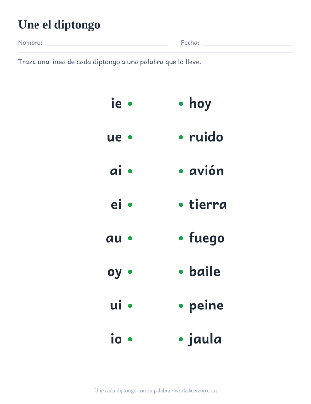 Ficha de repaso para unir los diptongos ie, ue, ai, ei, au, oy, ui e io con tierra, fuego, baile y cinco palabras más