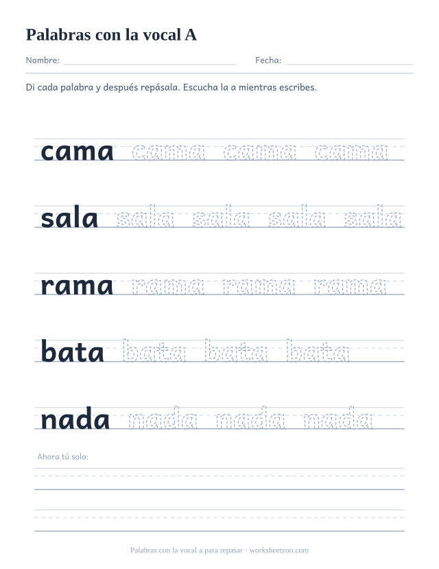Ficha de la vocal a para repasar cama, sala, rama, bata, nada sobre pauta de tres líneas