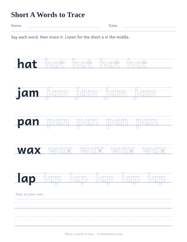 Short a vowel worksheet, tracing hat, jam, pan, wax, lap on three-line handwriting guides