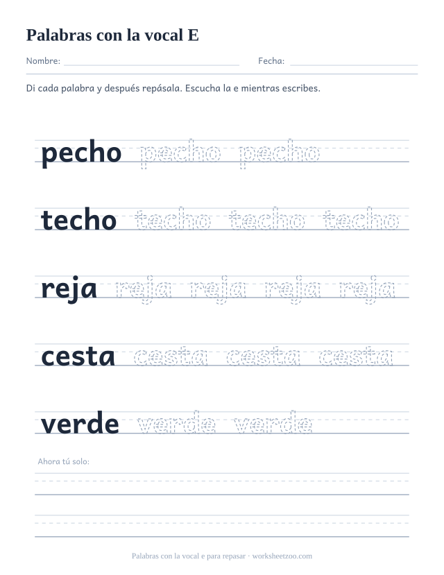 Ficha de la vocal e para repasar pecho, techo, reja, cesta, verde sobre pauta de tres líneas