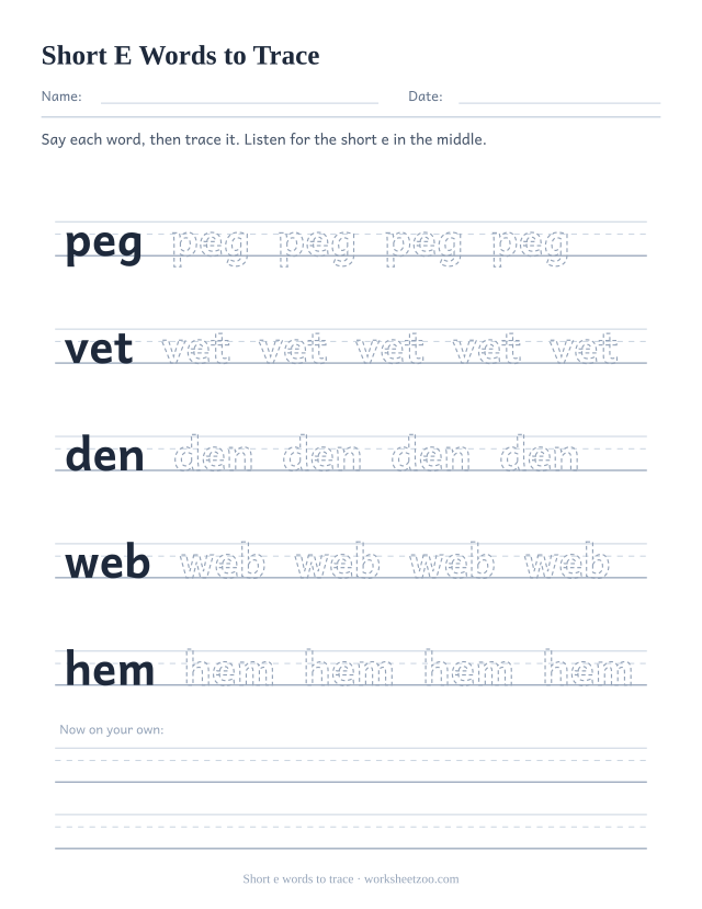 Short e vowel worksheet, tracing peg, vet, den, web, hem on three-line handwriting guides