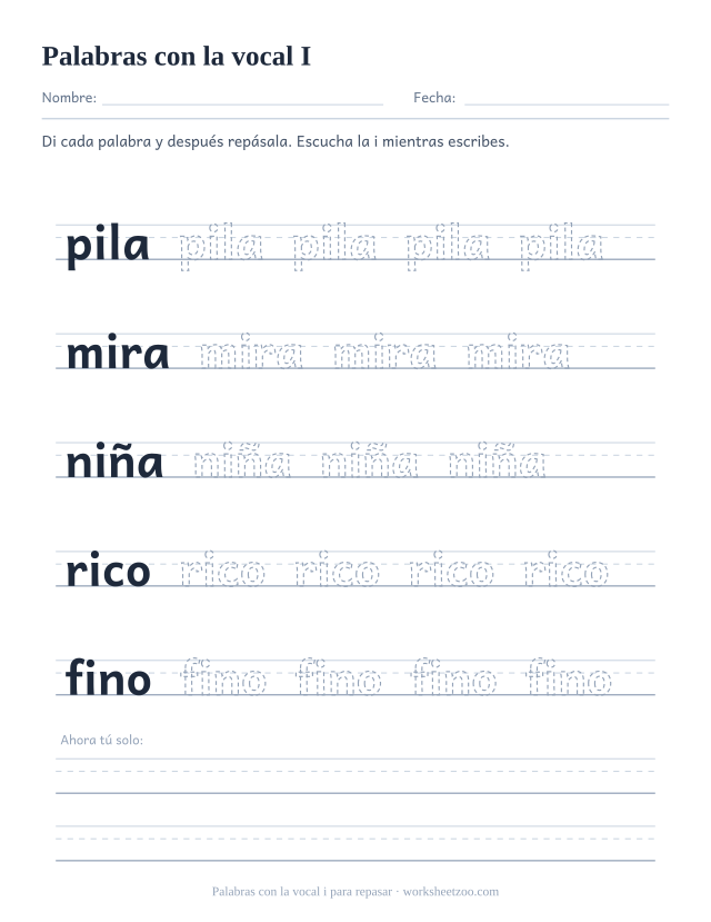 Ficha de la vocal i para repasar pila, mira, niña, rico, fino sobre pauta de tres líneas