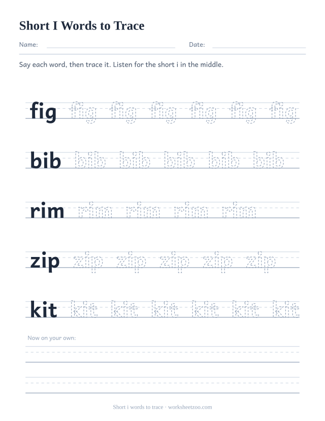 Short i vowel worksheet, tracing fig, bib, rim, zip, kit on three-line handwriting guides