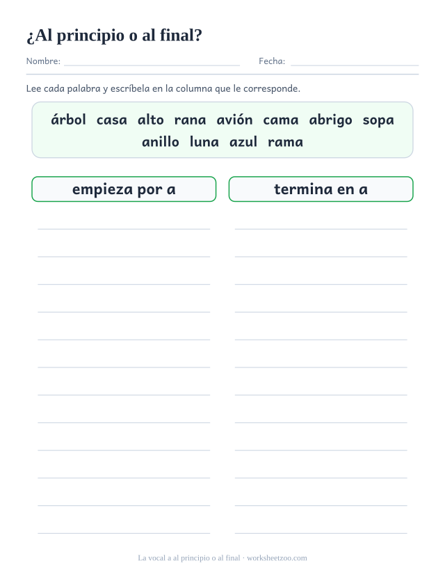 Ficha para clasificar doce palabras según lleven la vocal a al principio o al final