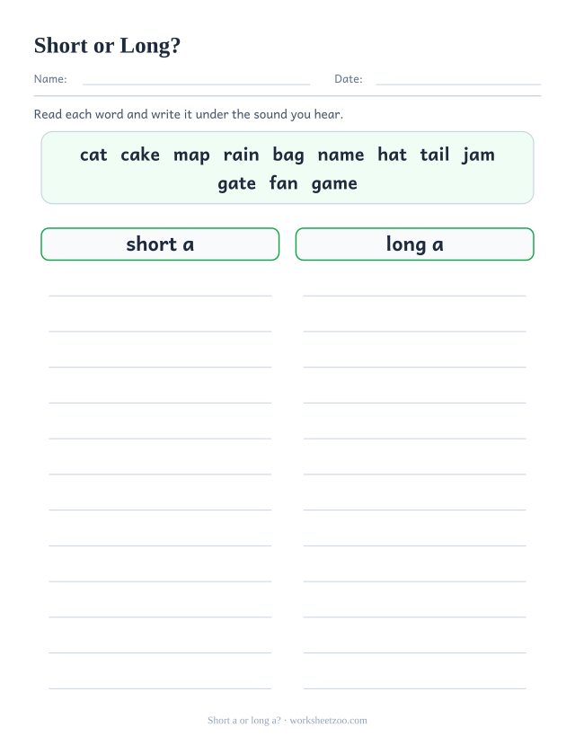 Short and long a sorting worksheet with a bank of twelve words and two columns to fill