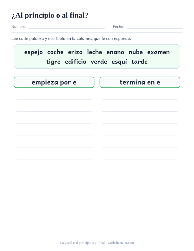 Ficha para clasificar doce palabras según lleven la vocal e al principio o al final