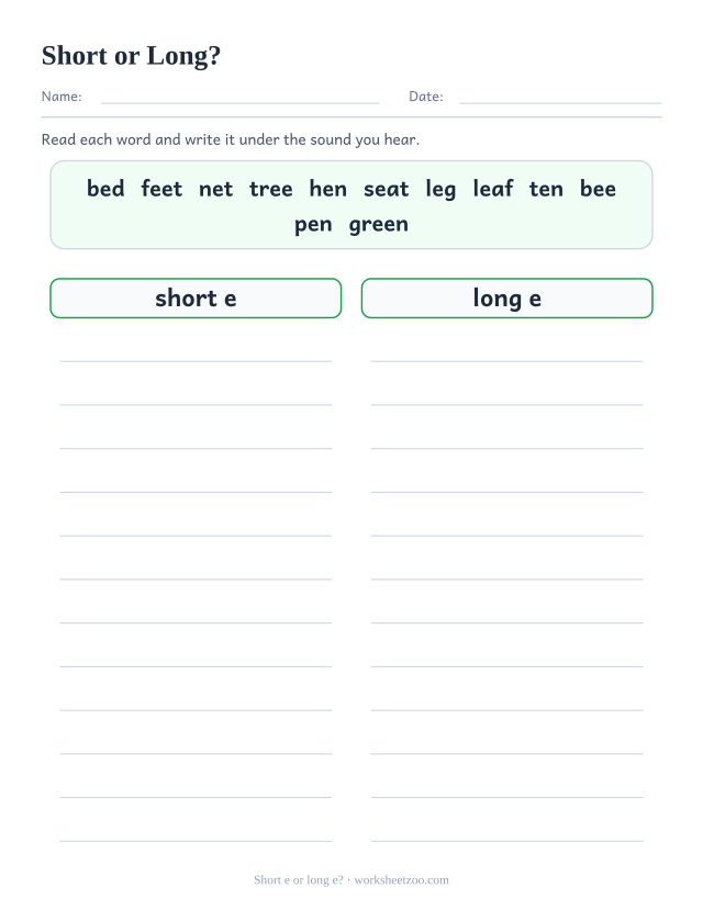 Short and long e sorting worksheet with a bank of twelve words and two columns to fill