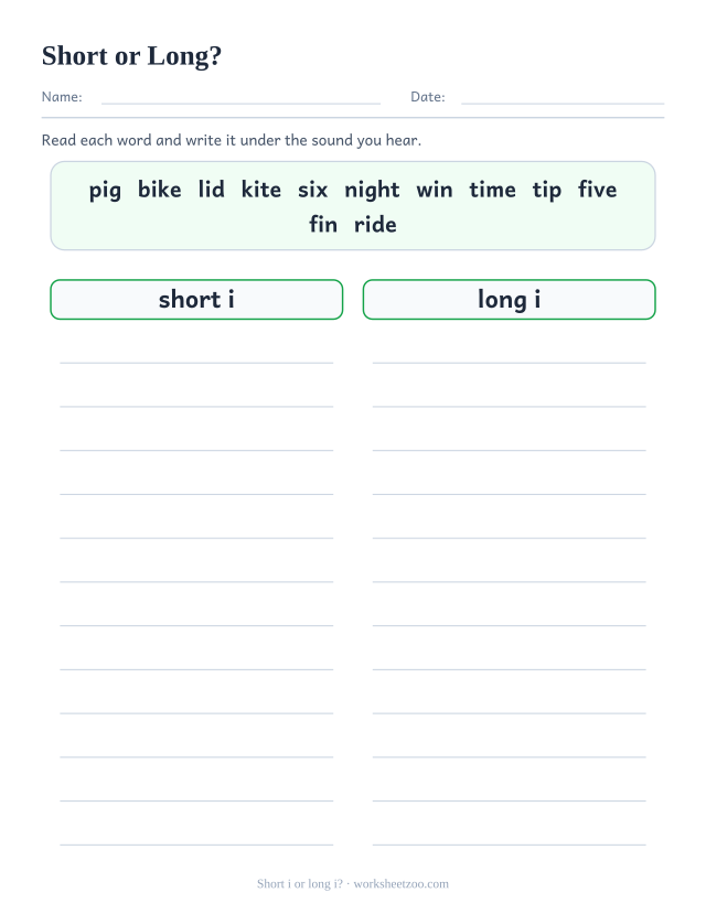 Short and long i sorting worksheet with a bank of twelve words and two columns to fill