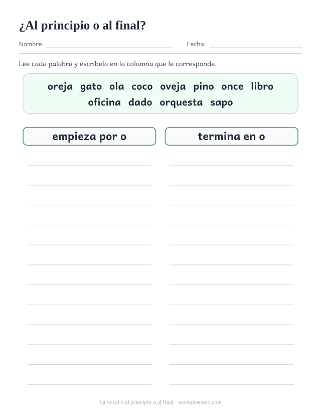 Ficha para clasificar doce palabras según lleven la vocal o al principio o al final