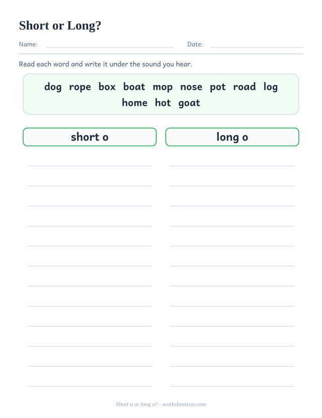 Short and long o sorting worksheet with a bank of twelve words and two columns to fill
