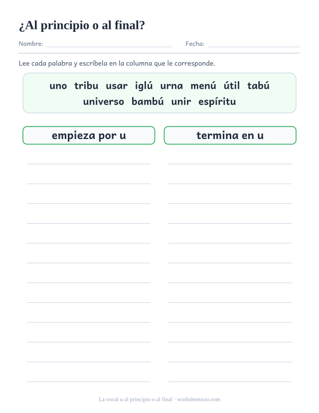 Ficha para clasificar doce palabras según lleven la vocal u al principio o al final