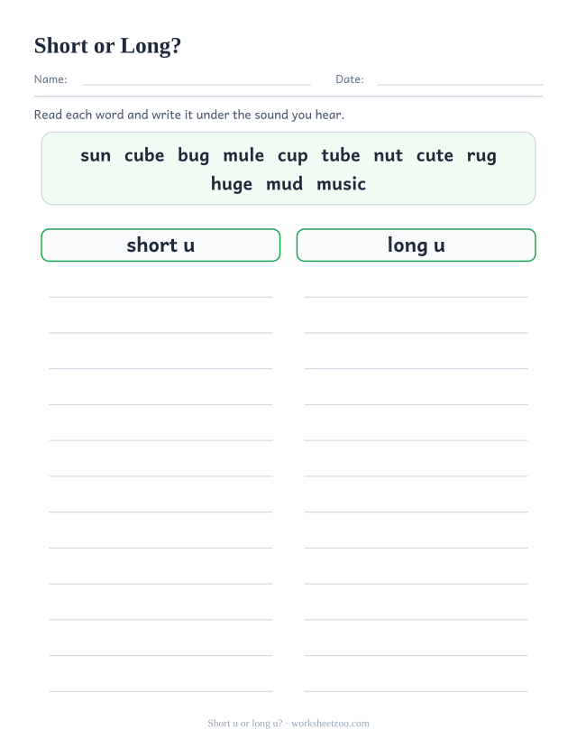 Short and long u sorting worksheet with a bank of twelve words and two columns to fill