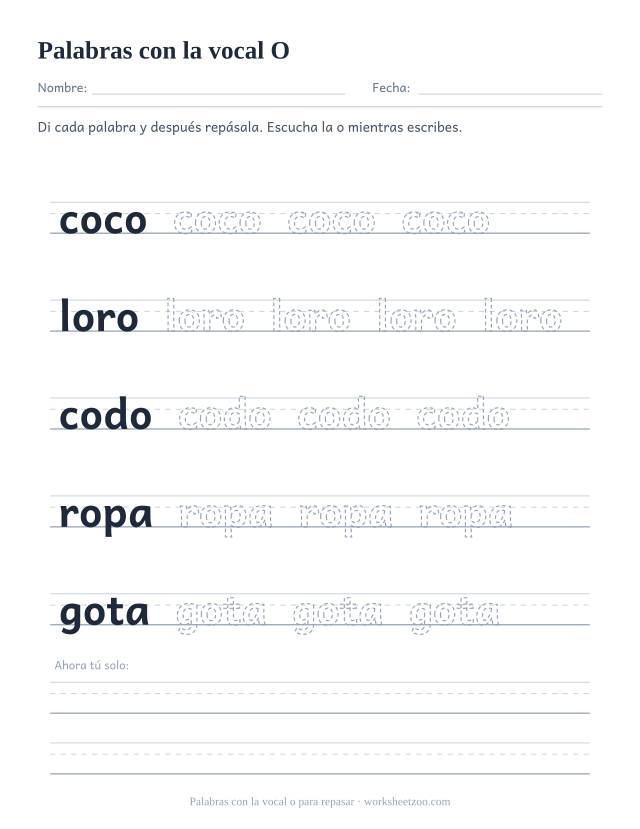 Ficha de la vocal o para repasar coco, loro, codo, ropa, gota sobre pauta de tres líneas