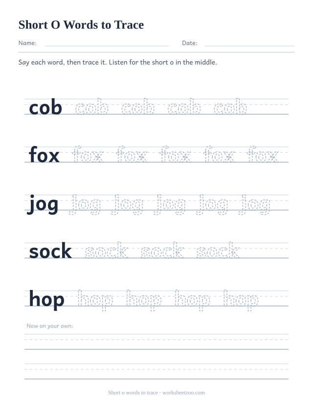 Short o vowel worksheet, tracing cob, fox, jog, sock, hop on three-line handwriting guides