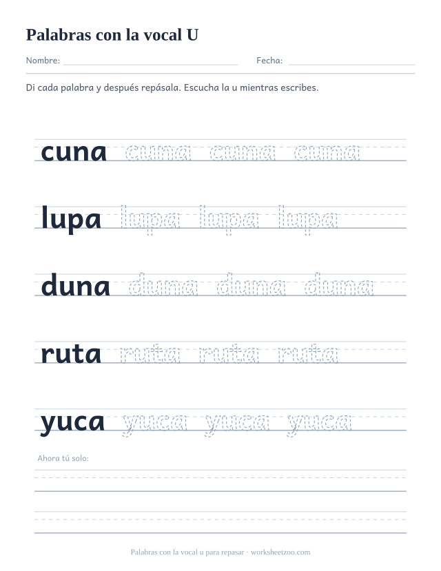 Ficha de la vocal u para repasar cuna, lupa, duna, ruta, yuca sobre pauta de tres líneas
