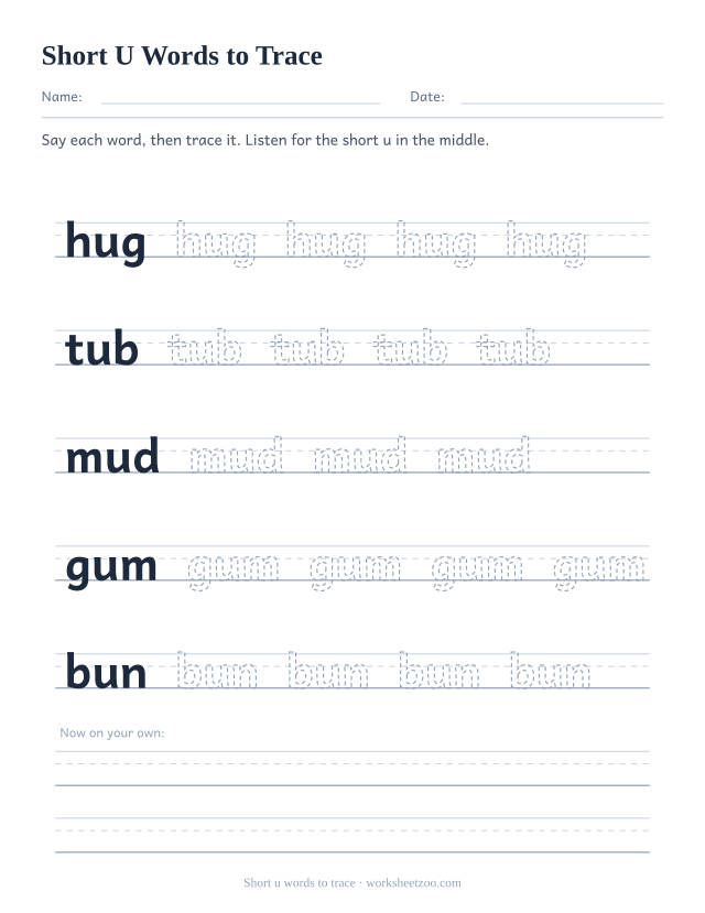 Short u vowel worksheet, tracing hug, tub, mud, gum, bun on three-line handwriting guides