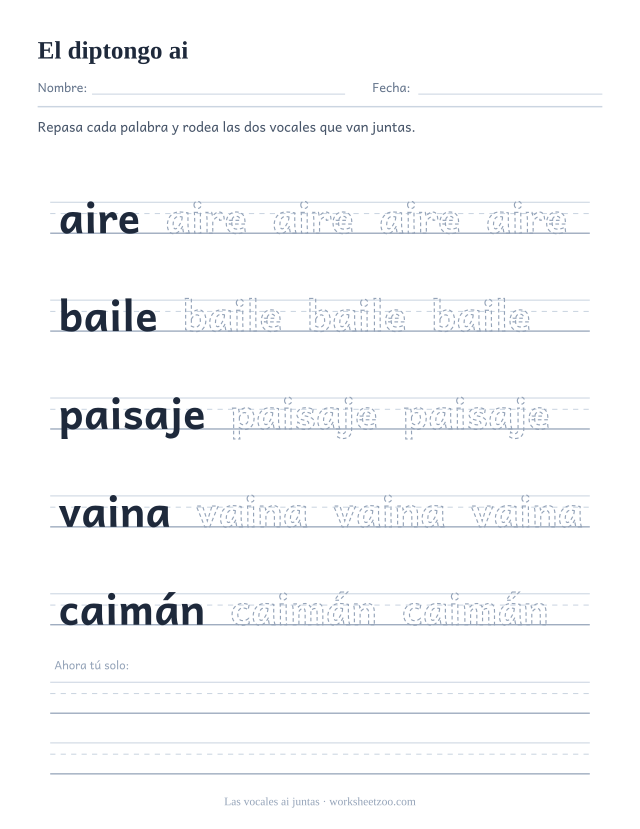 Ficha del grupo de vocales ai para repasar aire, baile, paisaje, vaina, caimán sobre pauta