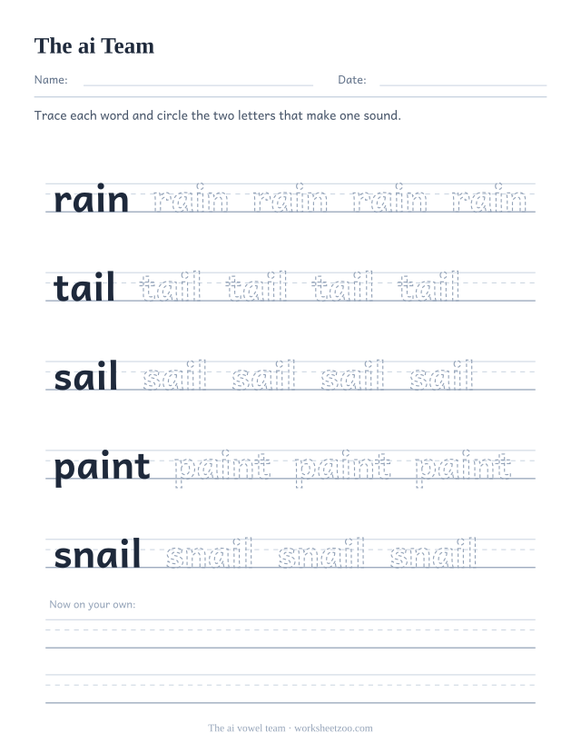 ai vowel team worksheet, tracing rain, tail, sail, paint, snail on handwriting guides