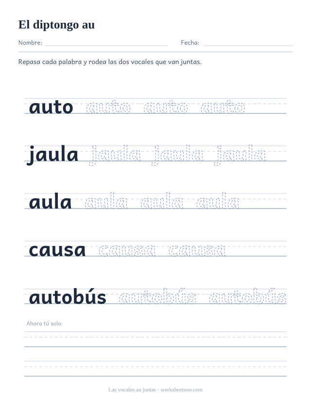 Ficha del grupo de vocales au para repasar auto, jaula, aula, causa, autobús sobre pauta