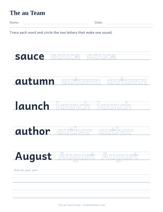au vowel team worksheet, tracing sauce, autumn, launch, author, August on handwriting guides