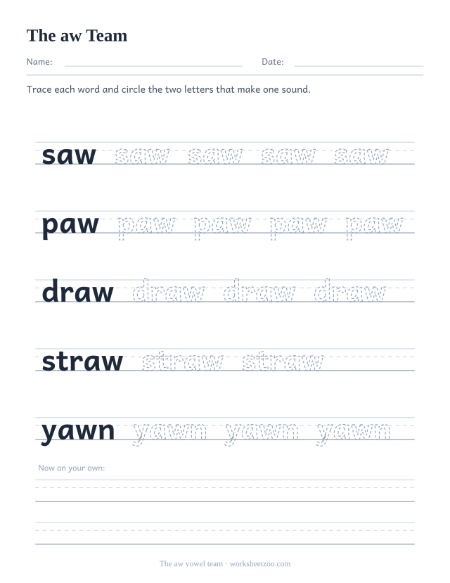 aw vowel team worksheet, tracing saw, paw, draw, straw, yawn on handwriting guides