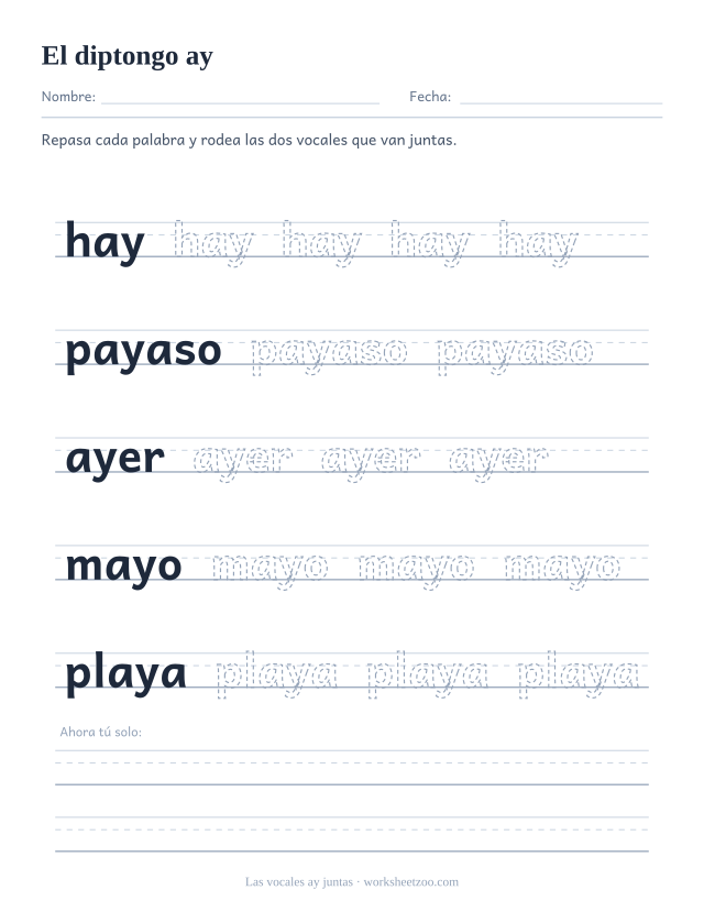 Ficha del grupo de vocales ay para repasar hay, payaso, ayer, mayo, playa sobre pauta