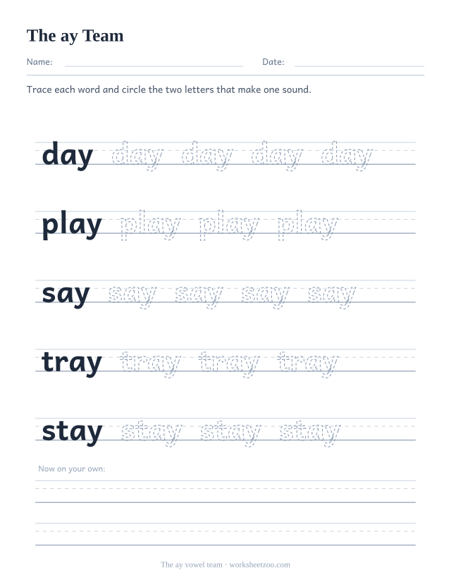 ay vowel team worksheet, tracing day, play, say, tray, stay on handwriting guides