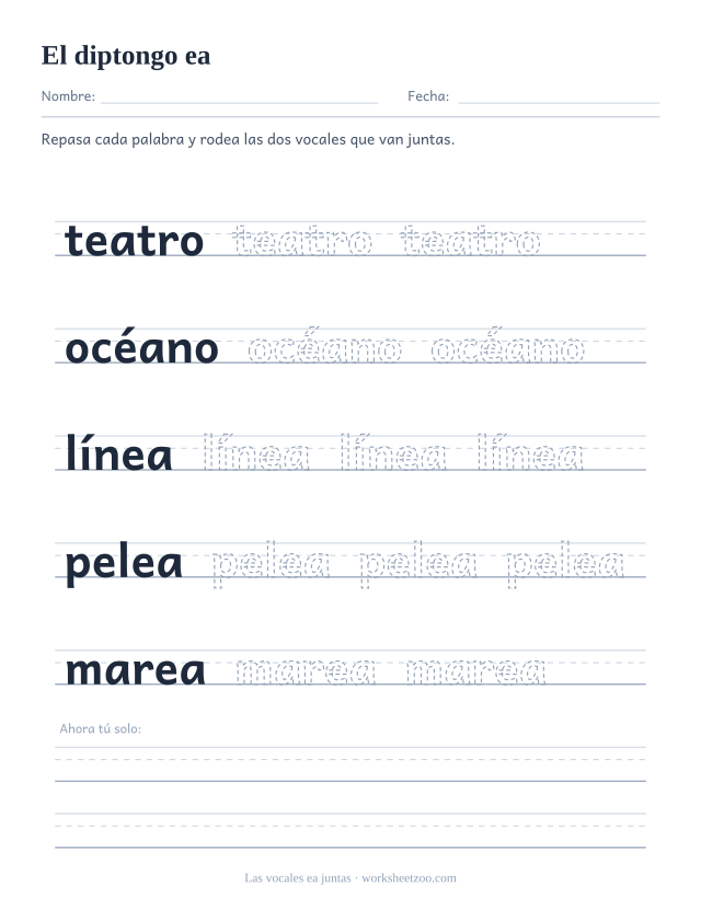 Ficha del grupo de vocales ea para repasar teatro, océano, línea, pelea, marea sobre pauta