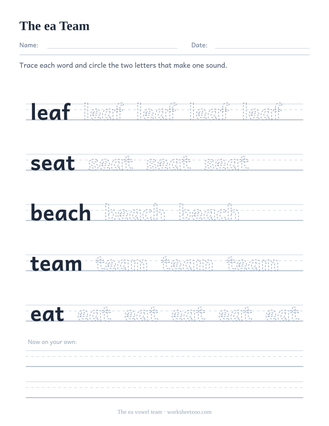 ea vowel team worksheet, tracing leaf, seat, beach, team, eat on handwriting guides