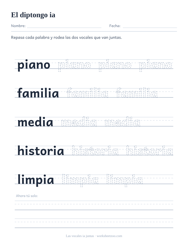 Ficha del grupo de vocales ia para repasar piano, familia, media, historia, limpia sobre pauta