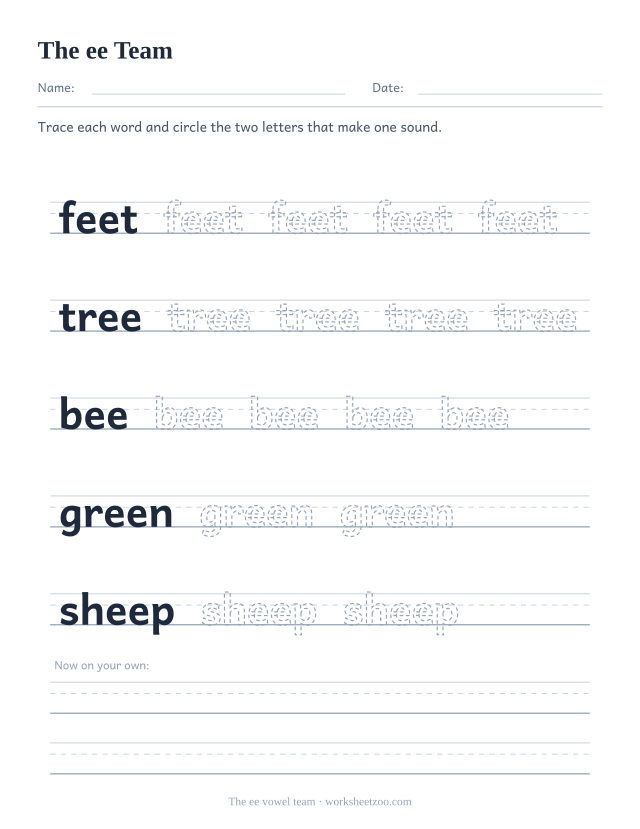 ee vowel team worksheet, tracing feet, tree, bee, green, sheep on handwriting guides