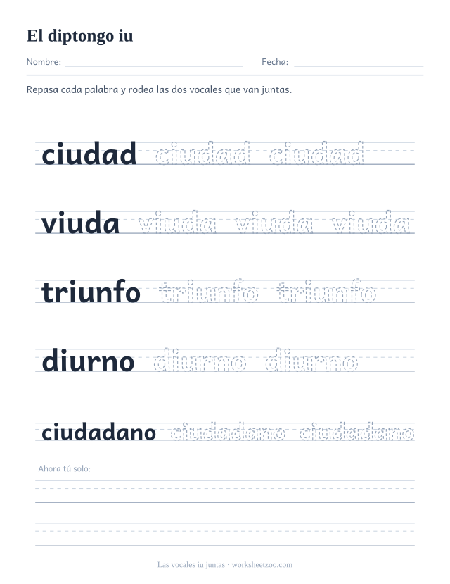 Ficha del grupo de vocales iu para repasar ciudad, viuda, triunfo, diurno, ciudadano sobre pauta