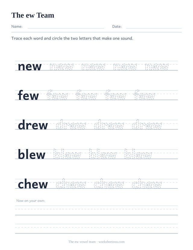 ew vowel team worksheet, tracing new, few, drew, blew, chew on handwriting guides