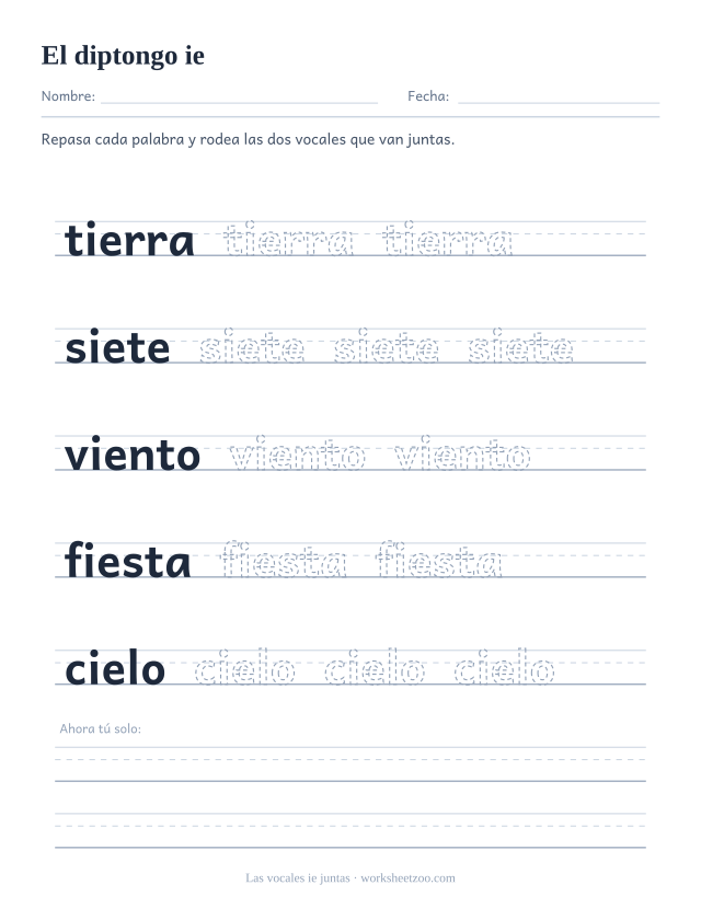 Ficha del grupo de vocales ie para repasar tierra, siete, viento, fiesta, cielo sobre pauta