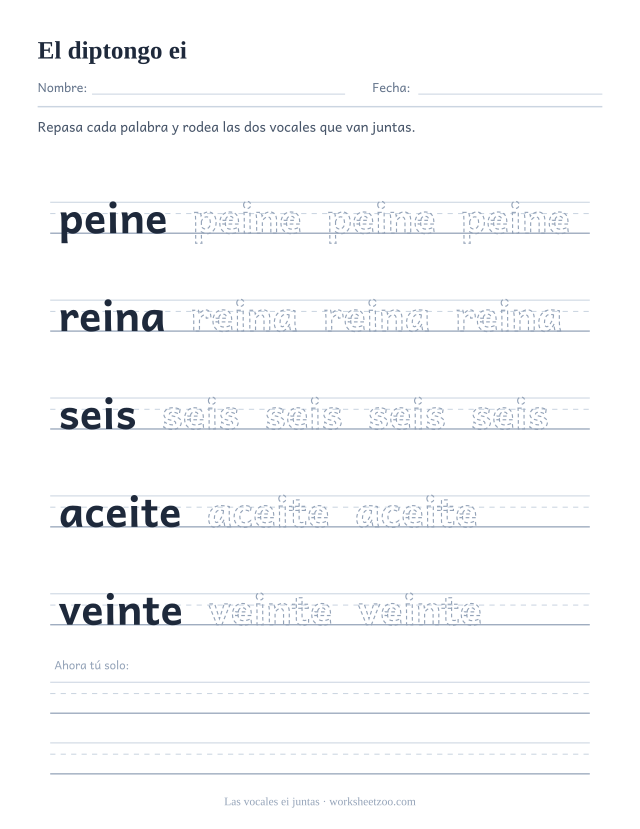 Ficha del grupo de vocales ei para repasar peine, reina, seis, aceite, veinte sobre pauta