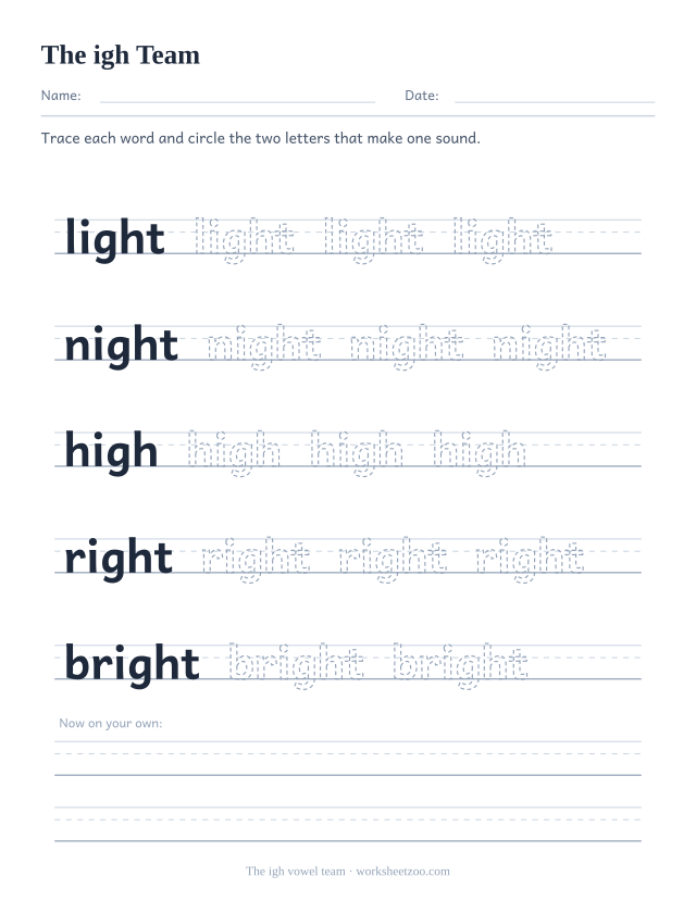 igh vowel team worksheet, tracing light, night, high, right, bright on handwriting guides