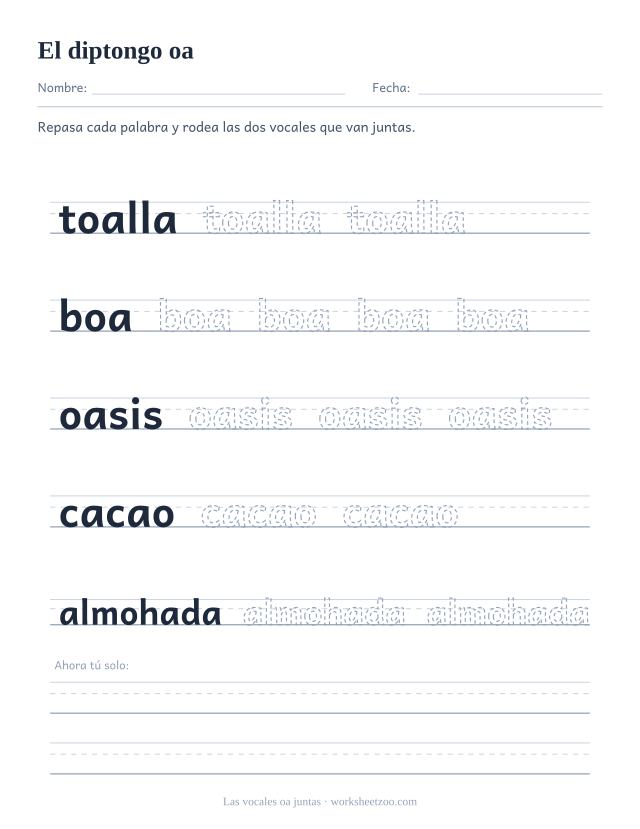 Ficha del grupo de vocales oa para repasar toalla, boa, oasis, cacao, almohada sobre pauta