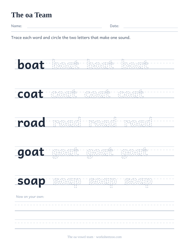 oa vowel team worksheet, tracing boat, coat, road, goat, soap on handwriting guides