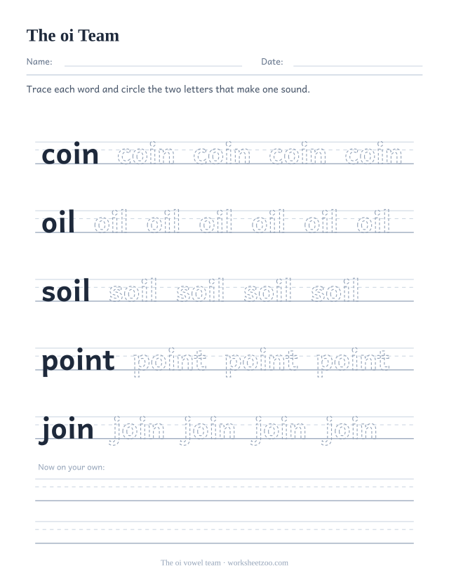 oi vowel team worksheet, tracing coin, oil, soil, point, join on handwriting guides