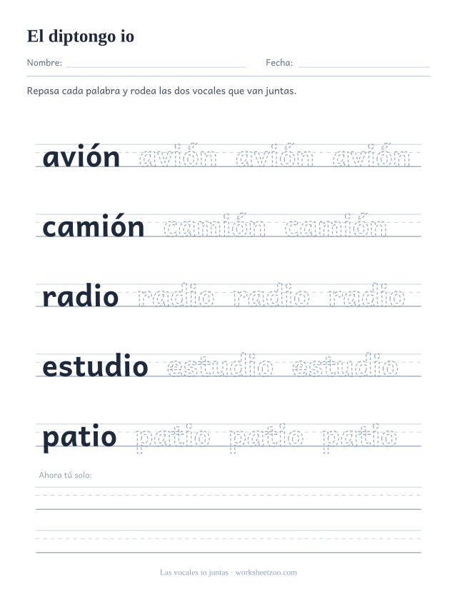 Ficha del grupo de vocales io para repasar avión, camión, radio, estudio, patio sobre pauta