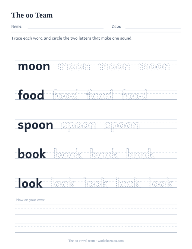oo vowel team worksheet, tracing moon, food, spoon, book, look on handwriting guides