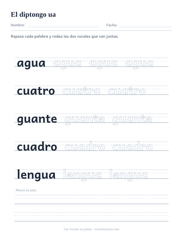 Ficha del grupo de vocales ua para repasar agua, cuatro, guante, cuadro, lengua sobre pauta