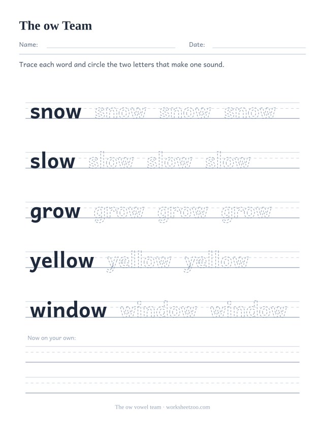 ow vowel team worksheet, tracing snow, slow, grow, yellow, window on handwriting guides