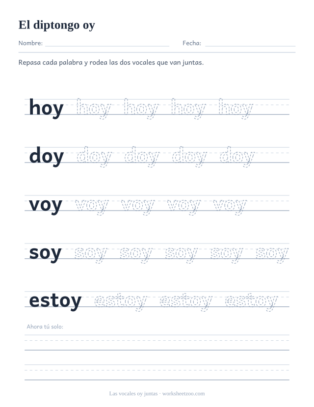 Ficha del grupo de vocales oy para repasar hoy, doy, voy, soy, estoy sobre pauta