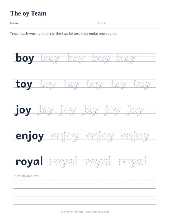 oy vowel team worksheet, tracing boy, toy, joy, enjoy, royal on handwriting guides