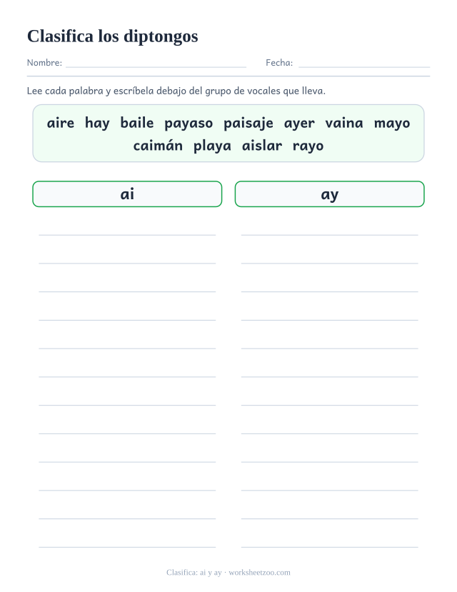 Ficha para clasificar doce palabras según lleven el diptongo ai o el diptongo ay
