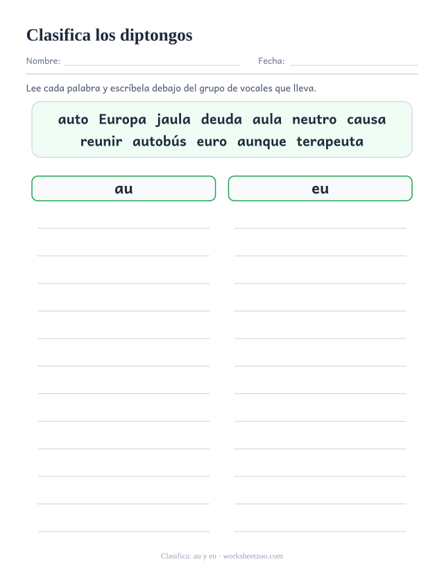 Ficha para clasificar doce palabras según lleven el diptongo au o el diptongo eu